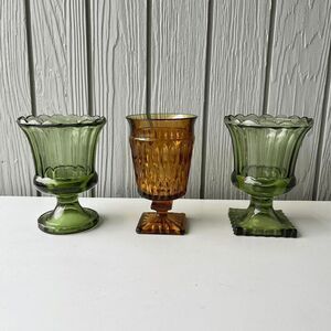 VTG Indiana Glass Avocado Green Pedestal Vases + Amber Mount Vernon Set
